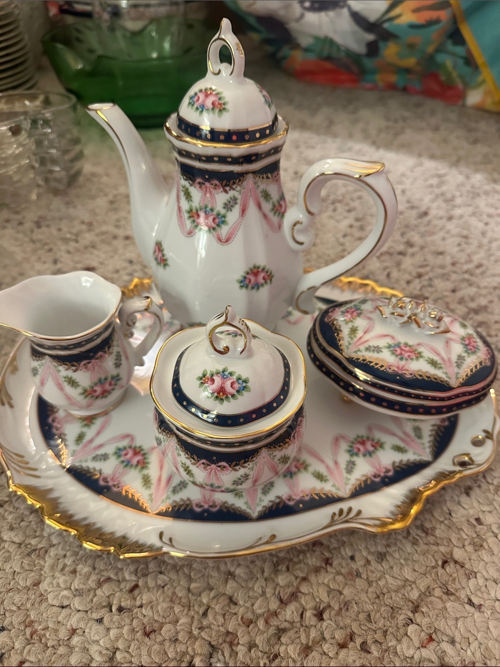 Porcelain small Tea Set - White with Navy & Pink Floral Accent